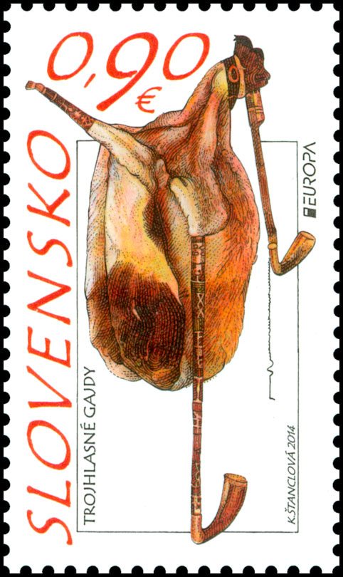 EUROPA 2014: National Musical Instruments – Three Drones Bagpipes stamp from Slovakia
