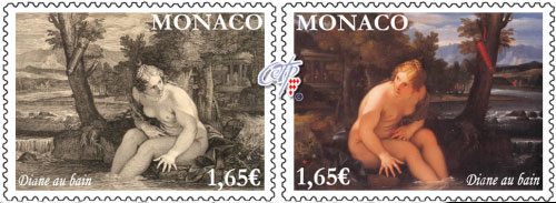 Nudes in Art: Diana at the Bath stamps from Monaco