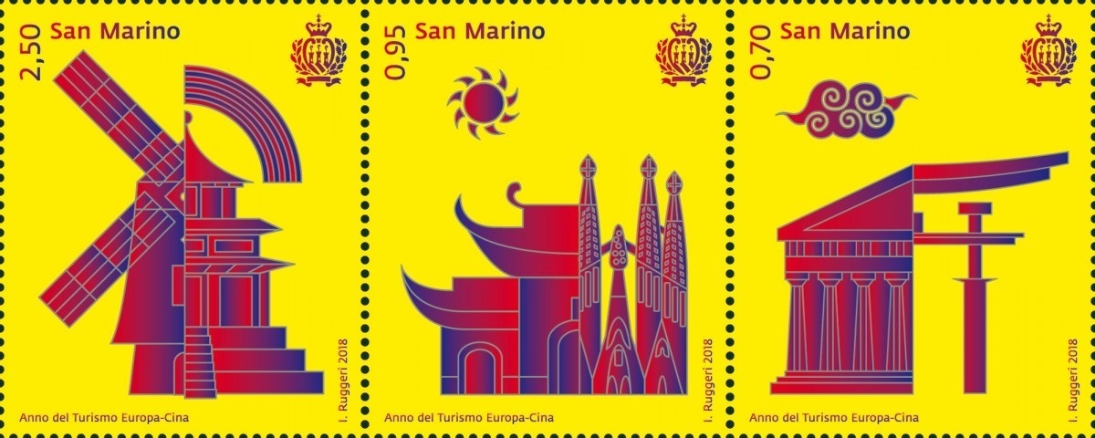 Europa – China Tourism Year. Three bright stamps introduced by San Marino Post