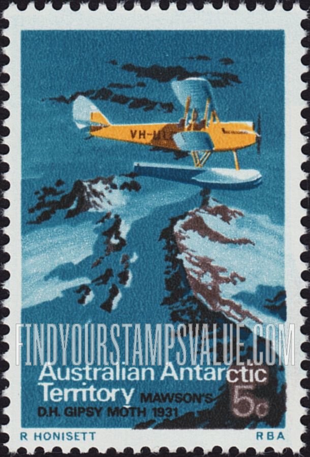 FindYourStampsValue: AUSTRALIAN ANTARCTIC TERRITORY: Mawson’s D.H. Gipsy Moth, 1931