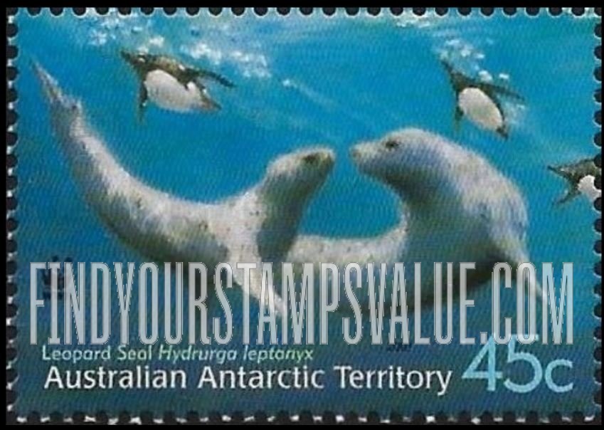 FindYourStampsValue: AUSTRALIAN ANTARCTIC TERRITORY - Worldwide Fund for Nature (WWF): Penguins, two leopard seals in water
