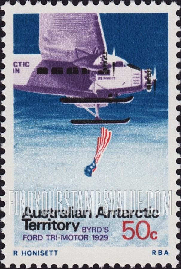 FindYourStampsValue: AUSTRALIAN ANTARCTIC TERRITORY: Richard Byrd’s Ford Tri-Motor dropping US flag over South Pole
