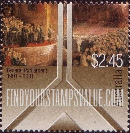 FindYourStampsValue: Federal Parliament, Centennial: Opening of the First Parliament of the Commonwealth of Australia by H.R.H. The Duke of Cornwall and York (Later King George V), May 9, 1901, by Tom Roberts
