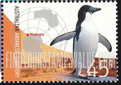 FindYourStampsValue: AUSTRALIAN ANTARCTIC TERRITORY - Antarctic Base Stations: Adélie penguin, Mawson Station