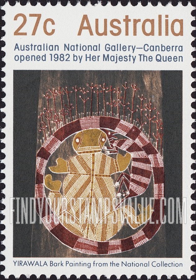 FindYourStampsValue: Gurgurr (Moon Spirit), Bark Painting by Yirawala Gunwinggu Tribe