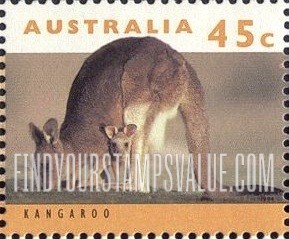 FindYourStampsValue: Threatened Species Type of 1992: Adult kangaroo with joey