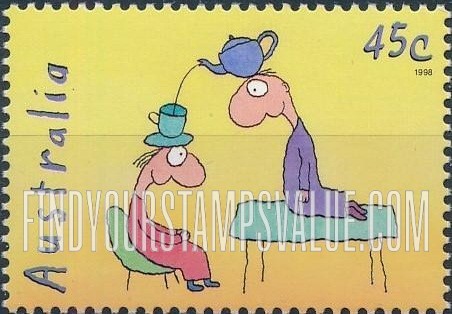 FindYourStampsValue: The Teapot of Truth, by Cartoonist Michael Leunig: Characters using their heads to pour tea into cup
