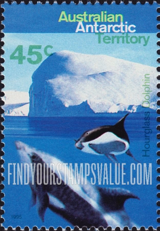 FindYourStampsValue: AUSTRALIAN ANTARCTIC TERRITORY - Whales & Dolphins: Hourglass dolphin, vertical