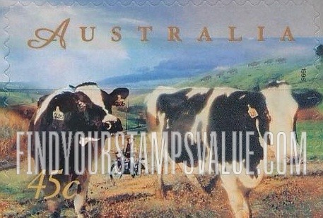 FindYourStampsValue: Farming in Australia: Dairy cattle, man on motorcycle