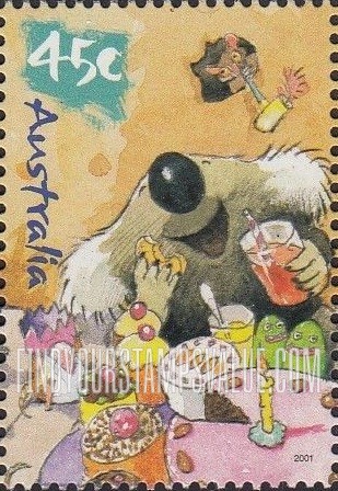 FindYourStampsValue: Caricatures of Australian Wildlife by Roland Harvey: Koala with birthday cake