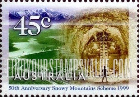 FindYourStampsValue: Snowy Mountains Hydroelectric Projects, 50th Anniversary: Eucumbene Dam, Tumut 2 Tailwater Tunnel