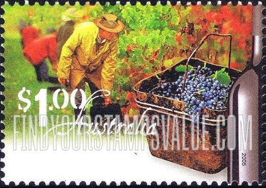 FindYourStampsValue: Australian Wine: Grape pickers, basket of grapes, wine bottle