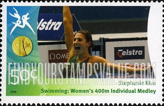 FindYourStampsValue: Medalists at Commonwealth Games: Stephanie Rice with arm raised