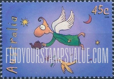 FindYourStampsValue: The Teapot of Truth, by Cartoonist Michael Leunig: Angel carrying teapot, bird with flower