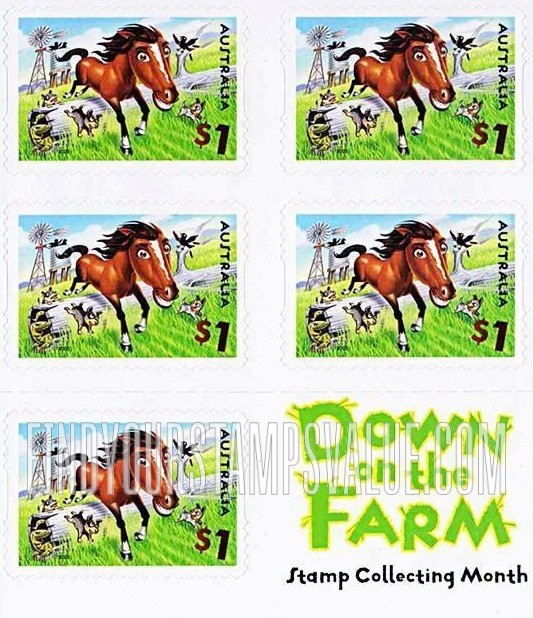 FindYourStampsValue: Down on the Farm: Horse, dogs, birds, lizard