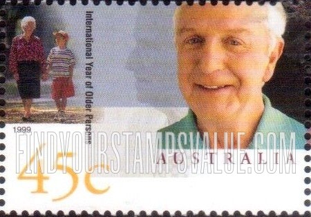FindYourStampsValue: International Year of Older Persons: Woman walking with girl, man up close
