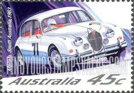 FindYourStampsValue: Race Cars: Jaguar Mark II, Mallala, South Australia, 1963