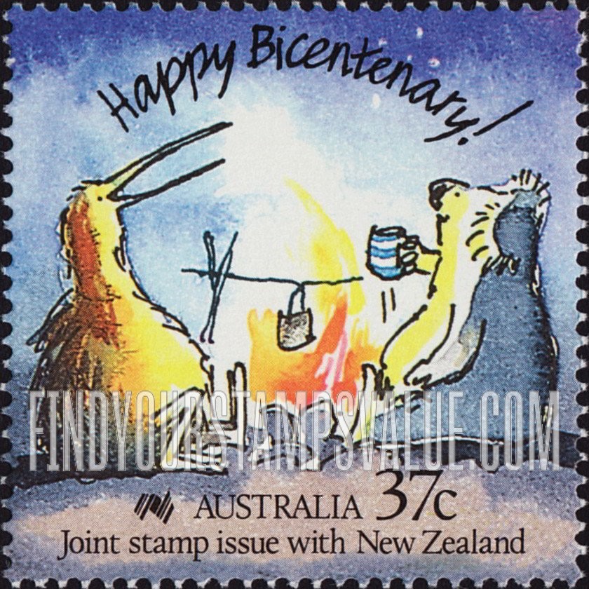 FindYourStampsValue: Caricature Type of 1988: Caricature of an Australian koala and New Zealand kiwii