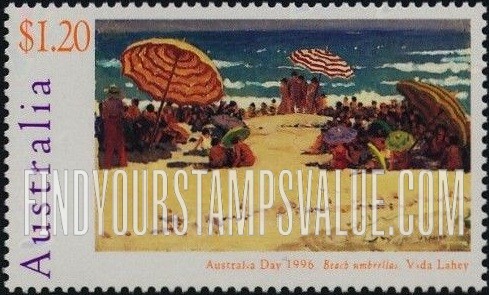 FindYourStampsValue: Australia Day Type of 1994: Beach Umbrellas, by Vida Lahey