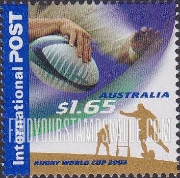FindYourStampsValue: 2003 Rugby World Cup: Player kicking at goal, ball in hand