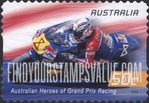FindYourStampsValue: Grand Prix Motorcycle Racing: Garry McCoy (motorcycle #8, yellow orange panel)