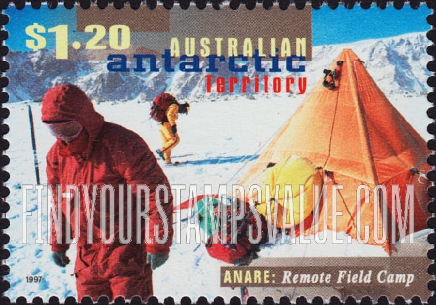 FindYourStampsValue: AUSTRALIAN ANTARCTIC TERRITORY - Australian National Antarctic Research Expeditions, 50th Anniversary: Remote field camp