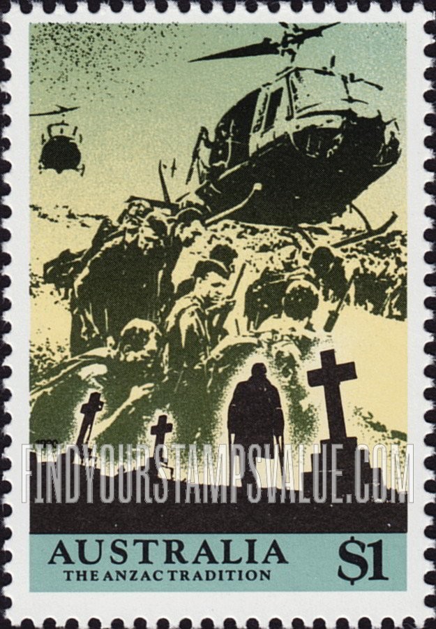 FindYourStampsValue: Scenes from WW II, 1940-41: Helicopters picking up wounded, cemetery