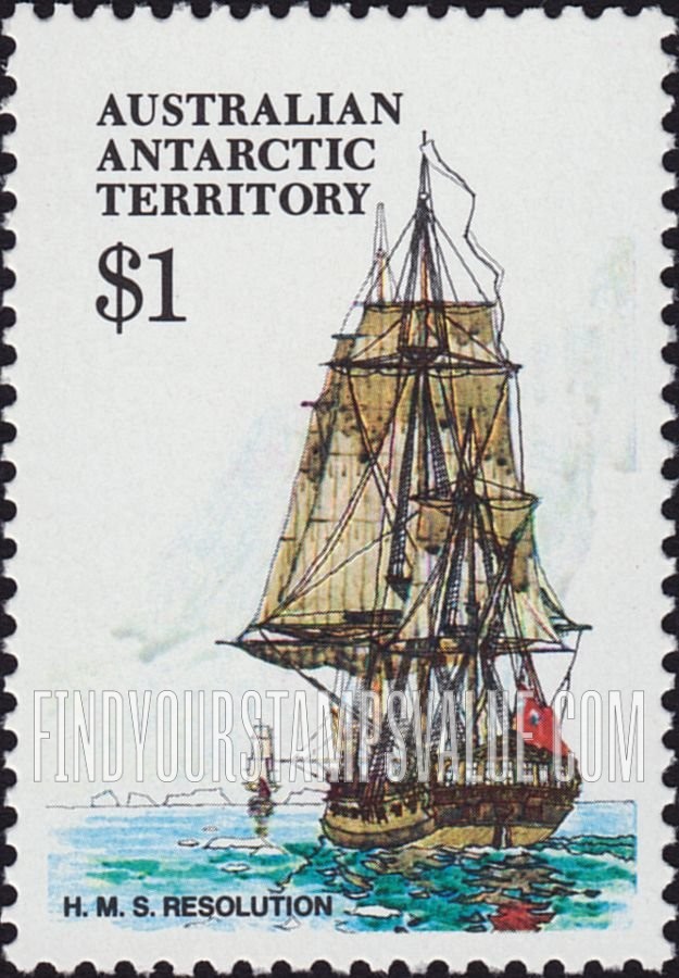 FindYourStampsValue: AUSTRALIAN ANTARCTIC TERRITORY: H.M.S. Resolution, vertical
