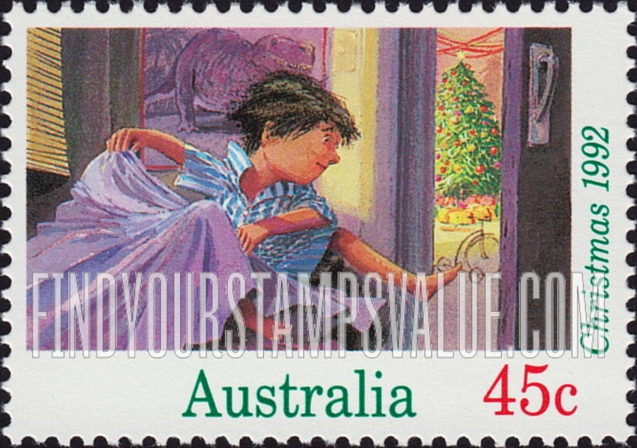 FindYourStampsValue: Christmas: Boy jumping from bed Christmas morning