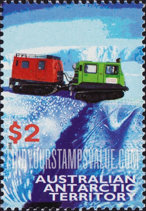 FindYourStampsValue: AUSTRALIAN ANTARCTIC TERRITORY - Modes of Transportion: Antarctic Hagglunds (rubber-tracked vehicles with fiberglass cabins), vertical