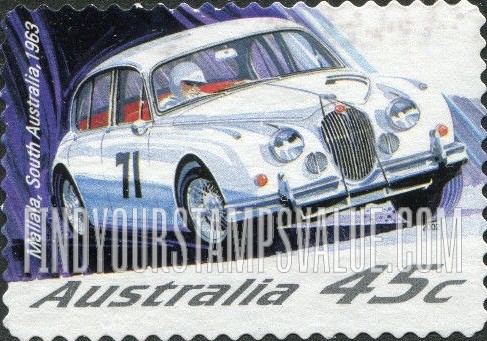 FindYourStampsValue: Race Cars: Jaguar Mark II, Mallala, South Australia, 1963
