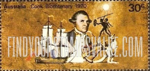 FindYourStampsValue: Cook, “Endeavour,” sextant, kangaroo, aborigines
