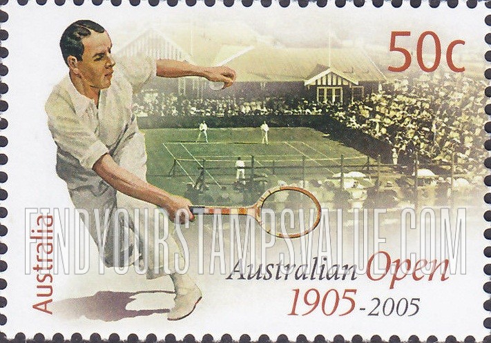 FindYourStampsValue: Australian Tennis Open, Centennial: Male player, tennis court and stands, 1905