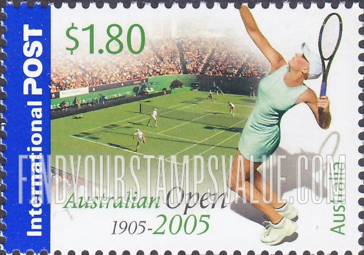 FindYourStampsValue: Australian Tennis Open, Centennial: Female player, tennis court and stands, 2005