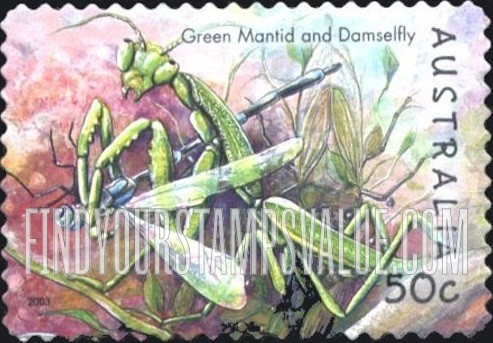 FindYourStampsValue: Insects: Green mantid and damselfly