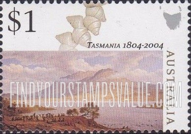 FindYourStampsValue: Settlement of Hobart Town, Tasmania, Bicentennial: Hobart Town from Kangaroo Point, by John Glover