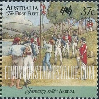 FindYourStampsValue: Arrival of the First Fleet, Sydney Cove, January 1788: Flag raising