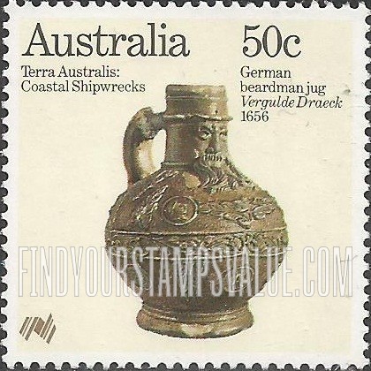 FindYourStampsValue: Coastal Shipwrecks: German beardman (Bellarmine) jug from Vergulde Draeck, 1656