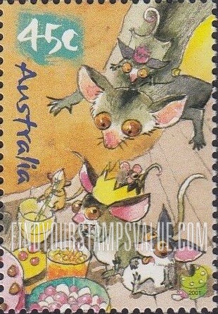 FindYourStampsValue: Caricatures of Australian Wildlife by Roland Harvey: Ring-tailed possums with drinks and food