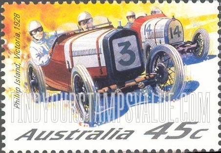 FindYourStampsValue: Race Cars: Victoria Austin 7 and Bugatti Type 40, Phillip Island, Victoria, 1928
