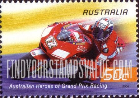 FindYourStampsValue: Grand Prix Motorcycle Racing: Troy Bayliss (motorcycle #12, orange red panel)