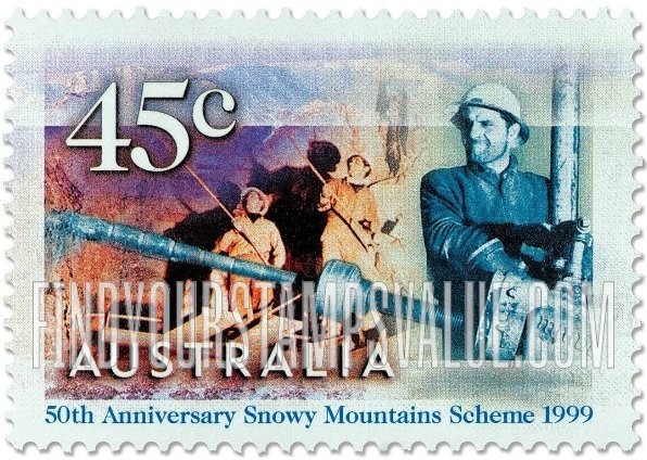 FindYourStampsValue: Snowy Mountains Hydroelectric Projects, 50th Anniversary: 1765, Rock bolters at Tumut 2 Power Station Hall, driller at Tooma-Tumut Tunnel