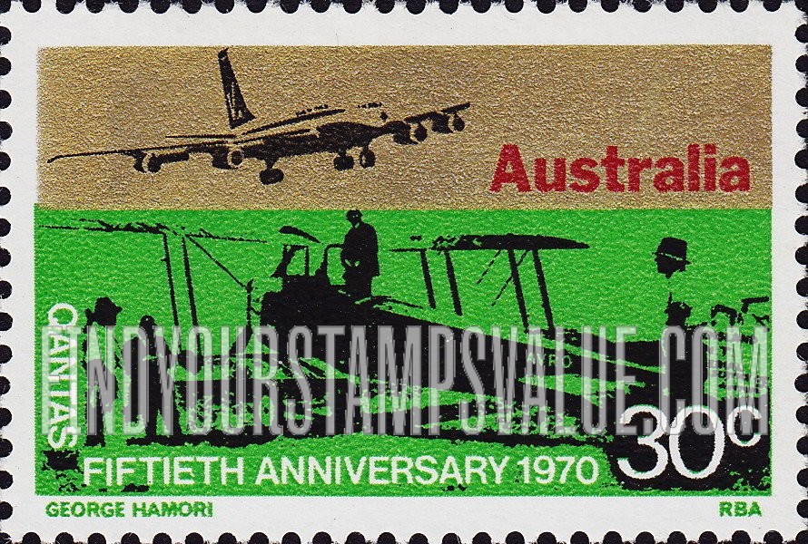 FindYourStampsValue: Sunbeam Dyak powered Avro 504 on ground and Qantas Boeing 707 in the air