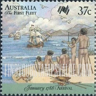 FindYourStampsValue: Arrival of the First Fleet, Sydney Cove, January 1788: Five aborigines on shore