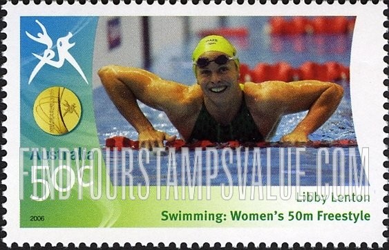 FindYourStampsValue: Medalists at Commonwealth Games: Libby Lenton, pushing on lane marker