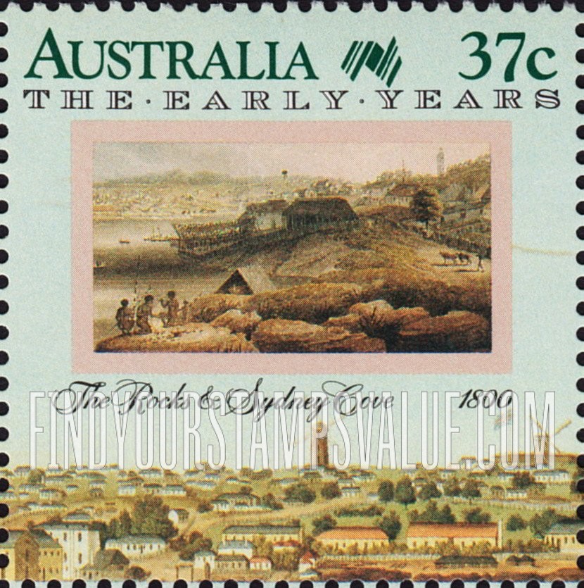FindYourStampsValue: The Early Years: The Rocks and Sydney Cove, 1800, an aquatint engraving by Edward Dayes
