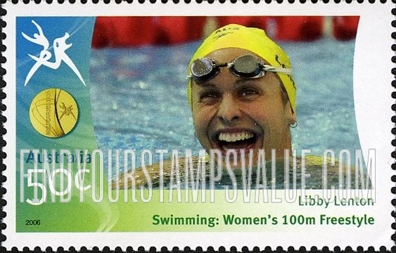 FindYourStampsValue: Medalists at Commonwealth Games: Libby Lenton, lane marker in background