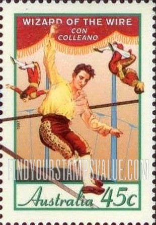 FindYourStampsValue: Circuses in Australia, 150th Anniversary: Wizard of the Wire, Con Colleano (1899-1973)