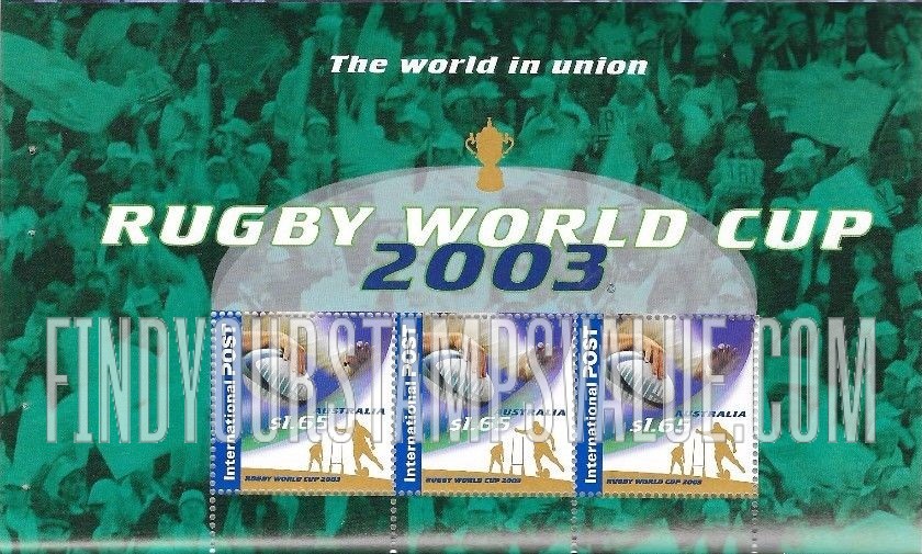 FindYourStampsValue: 2003 Rugby World Cup: Player kicking at goal, ball in hand