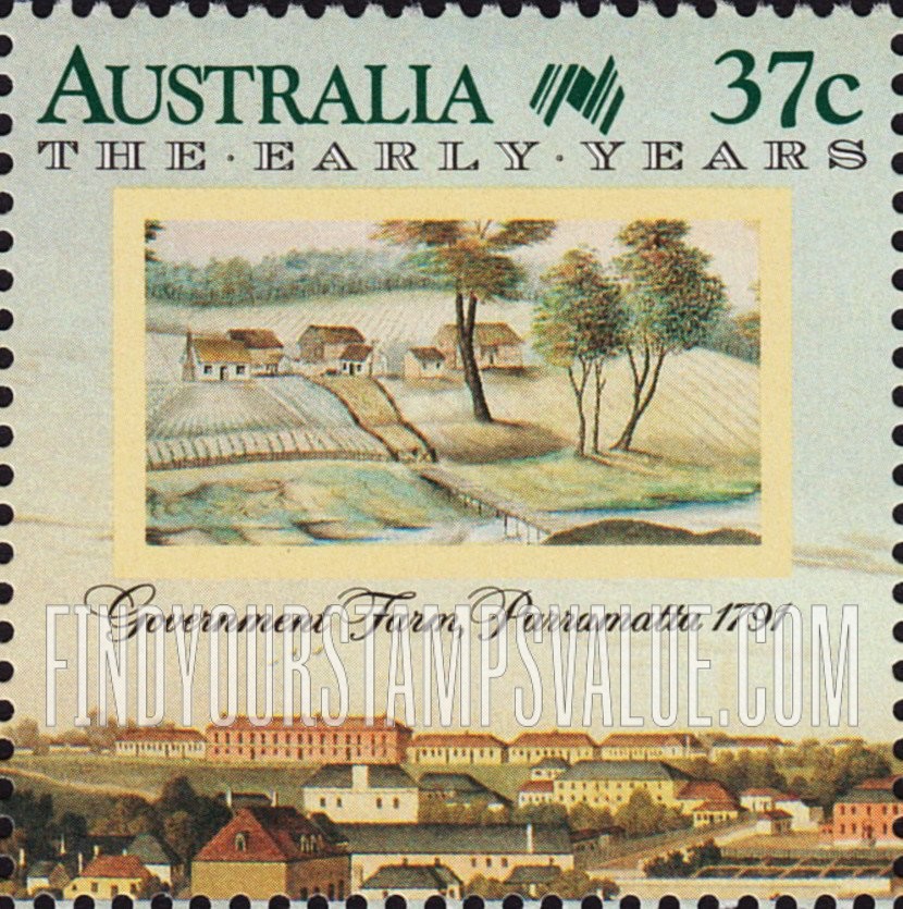 FindYourStampsValue: The Early Years: Government Farm, Parramatta, 1791, attributed to the Port Jackson Painter